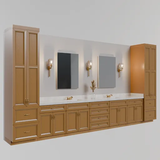Detailed 3D model of a wooden bathroom vanity with mirrors and fixtures, suitable for Blender rendering.