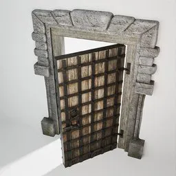 Detailed low-poly 3D Blender model featuring a textured medieval wooden door within a stone arch frame.