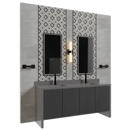 Detailed 3D model of contemporary bathroom vanity and sinks with mirrors, optimized for Blender rendering.