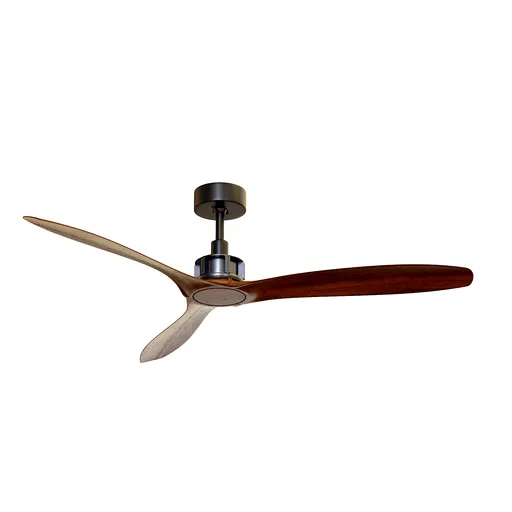 Detailed 3D model of a modern ceiling fan with three wooden blades and metal fixtures, suitable for Blender rendering.