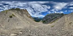 High-resolution 16k HDR panorama featuring mountain valley with clear blue sky, fluffy clouds, and trees for scene lighting.