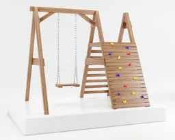 Detailed 3D render of a child's wooden swing set with climbing wall for Blender modeling.