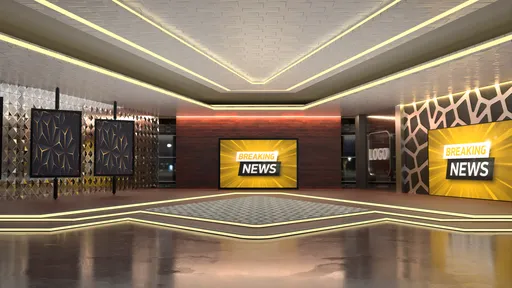 Detailed 3D virtual news set model with dynamic lighting for film and streaming production.