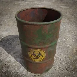 Detailed rust-textured green toxic waste barrel 3D model suitable for Blender rendering.