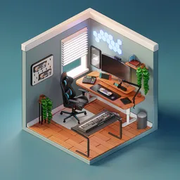 Isometric 3D model of a gamer's bedroom with a streaming setup, PC, and plants.