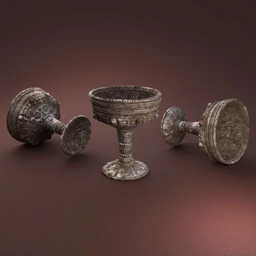 Intricately designed 3D modeled tarnished goblet with skull motifs and blue gem accents, showcasing detailed textures.