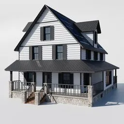 High-quality single-mesh Blender 3D model of a classic two-story house with a porch and detailed textures.