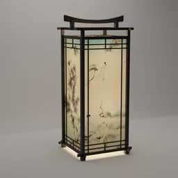 "3D model of a Japanese paper lantern-inspired floor lamp created in Blender 3D. Ultra-detailed with glass panel and ivory/copper elements, perfect for outdoor lighting and zen garden decor. Featured on Sketchfab and ArtStation, rendered in Lumion."