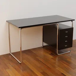 Modern 3D-rendered writing desk with drawers and chrome legs, designed in Blender, suitable for office and home interiors.