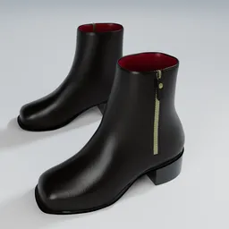 Detailed 3D rendering of black leather ankle boots with golden zippers, compatible with Blender.