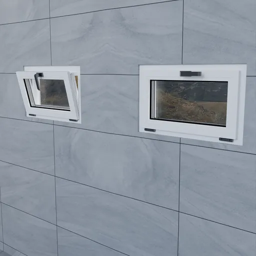 Realistic white 3D window model with open and closed wooden sills for Blender rendering.