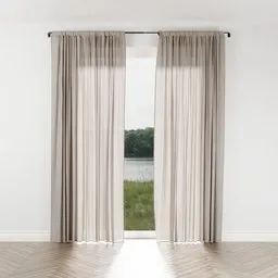 Beige double curtain 3D model with black metal rod, UV unwrapped, subdivision ready for Blender Cycles.