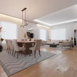Render of a modern living room with dining area for Blender 3D artists and designers.