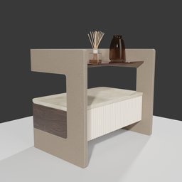 "Minimalistic wooden nightstand side table 3D model for Blender 3D, perfect for interior design. Inspired by Cao Buxing and Torii Kiyomoto, featuring a shelf and sleek design. Created by Puru with attention to detail."