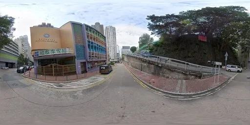 360-degree urban HDR panorama for 3D scene lighting, featuring a school street road with buildings and foliage.