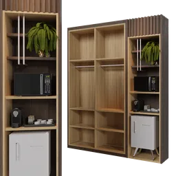 "Hotel closet with shelving and appliances, 3D model for Blender 3D by Basuki Abdullah. Features lockers, microwave, and refrigerator in a bamboo design with contrasting accents. Rendered in Autodesk with a Savana background and 8k resolution."