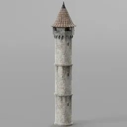 Detailed medieval stone tower 3D model with conical roof, ideal for Blender rendering and historic scene creation.