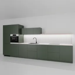 Detailed 3D render of a sleek modern kitchen design with cabinets and appliances for Blender modeling.