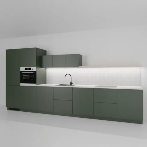 Detailed 3D render of a sleek modern kitchen design with cabinets and appliances for Blender modeling.