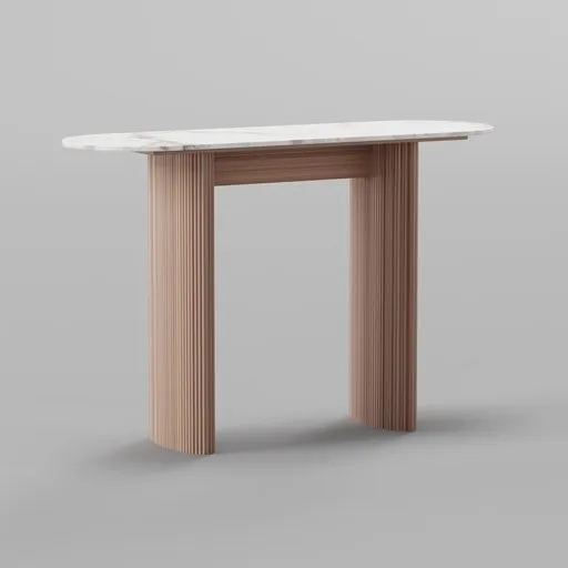 Modern farmhouse style 3D model of grooved wooden console with marble top for interior design in Blender 3D.