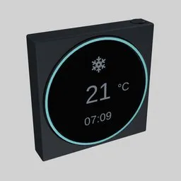 "Modern control unit for heating, air conditioning, and ventilation system in Blender 3D. Luminous ring indicating system status with customizable colors. Works in Eevee and Cycles rendering engines, offering easy customization for a variety of design options."