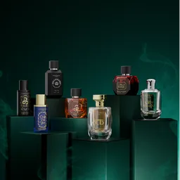 Perfume sets on podium mockup