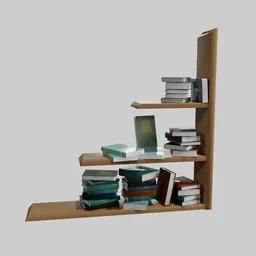Detailed 3D cartoon-style wall shelf with stacked books, optimized for Blender with 4K PBR textures.