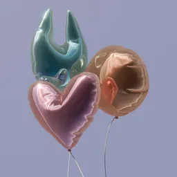 Ultra-realistic Blender 3D balloon models in heart, sphere, and unique cat shapes with glossy textures and dynamic lighting.