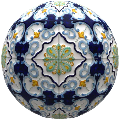 Seamless PBR vintage Mexican ceramic floor material with customizable texture scale and roughness for Blender 3D.