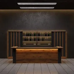 Realistic 3D render of an indoor bar scene with bottles on shelves, designed for Blender users and creative professionals.