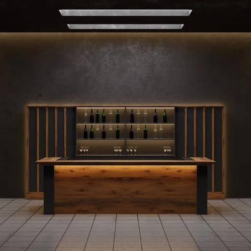 Realistic 3D render of an indoor bar scene with bottles on shelves, designed for Blender users and creative professionals.