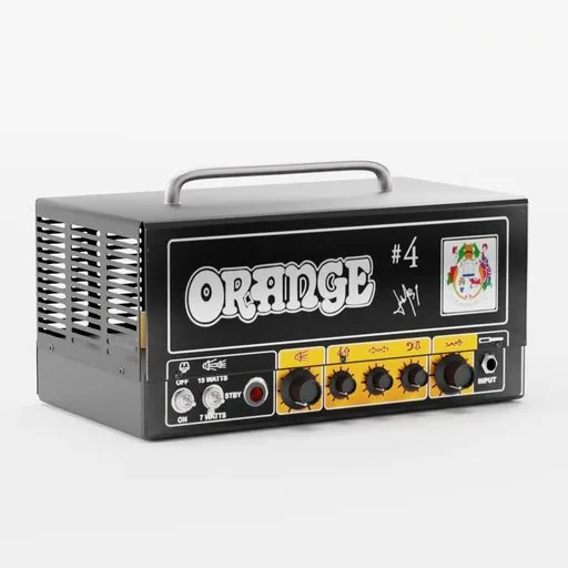 Detailed 3D render of an Orange guitar amplifier with EQ controls, Blender compatible.