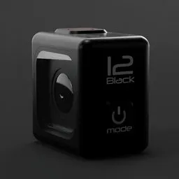 "Get a close-up view of the sleek GoPro Hero 12 Black camera with a red button. This 12MPx photography model is perfect for adventurous photography with its waterproof capabilities. Designed in Blender 3D for a realistic look and feel."