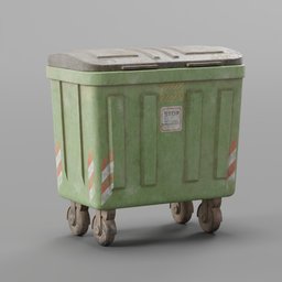 "Green industrial container with wheels on a gray background, designed for Blender 3D. Includes elements such as dirt texture, portable generator, and a stylized character. Ideal for realistic scenes depicting rubbish, slum, landfill, or battlefront environments, inspired by Konami concept art."