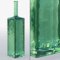 Realistic 3D-rendered green glass bottle showing shader effects with focus on caustics and light dispersion, perfect for Blender users.