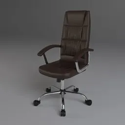Alt Text: "Close-up of a detailed brown leather office chair on a gray surface, rendered in Vue. This realistic 3D model features stylistic blur, high resolution, and a professional result. Perfect for Blender 3D users seeking a realistic leather chair for their office scenes."