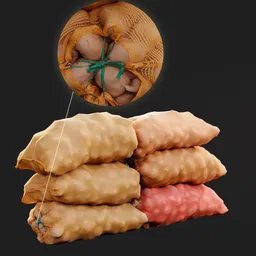 "Exterior Other: Bags of Potatoes Photoscan 3D Model for Blender 3D - 8k Resolution." This 3D model features an array of potatoes and a bag of potatoes in high-resolution detail, perfect for game capture and production volume rendering. Created using Blender 3D software, this model is a must-have for potato-themed projects.
