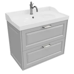 Realistic 3D model of a modern light grey bathroom sink cabinet with chrome faucet for Blender.