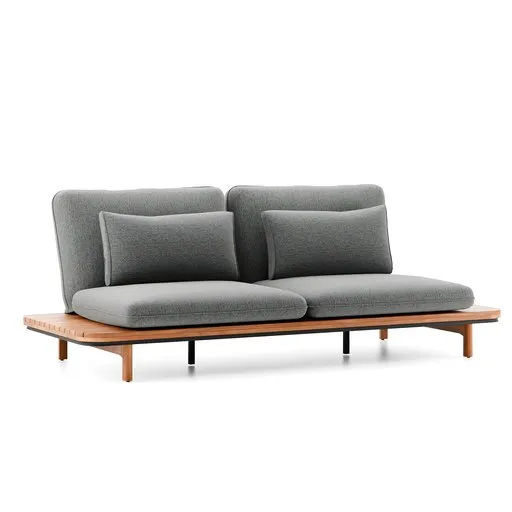 High-quality 3D model of modern lounge sofa with detailed cushions on a slatted eucalyptus base designed for Blender 3D rendering.