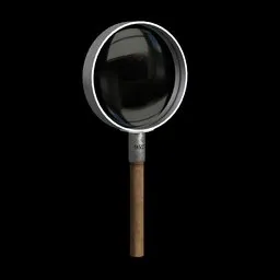 "3D model of a magnifying glass created in Blender 3D software. This stationery item features a close-up, clear dark background, and a distinctive wooden stick with a big monocular lens. Perfect for decorating your desk or enhancing your Blender 3D projects."