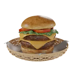 "Highly realistic 3D model of a cheeseburger with lettuce and tomato on a bun, ideal for Blender 3D scenes. Perfect for AI app icons, displaying umami flavors, and showcasing the expertise of Huang Ding and the use of raytracing techniques. A mouthwatering delight on a wooden tray, ready to elevate your CGI projects in Blender 3D."