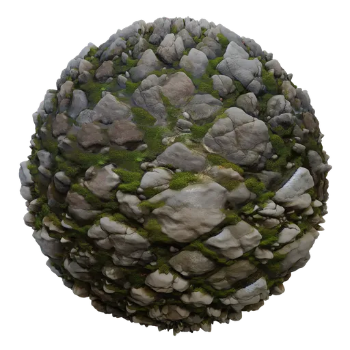 High-resolution mossy cobblestone texture for 3D modeling, ideal for photorealistic architectural visualizations and PBR workflows.