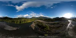 Aerial HDR panorama of a serene river winding through a rugged Canadian mountainous terrain with a dramatic sunset sky.