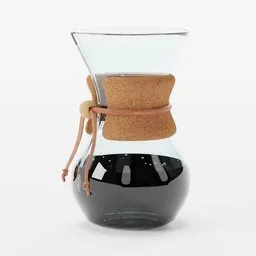 Realistic 3D model of a Chemex brewer with detailed glass texture, cork collar, and tied leather strap.