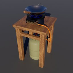 Simple cooking area with gas cooker, gas bottle and wok.