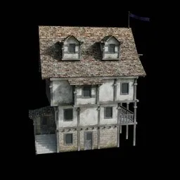 Detailed 3D rendering of a medieval house with textured stone and timber elements, ideal for Blender artists.