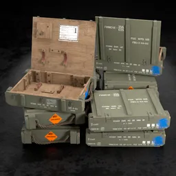 "Lowpoly military ammo crate 3D model for game asset in Blender 3D software. Highly detailed and realistic design featuring green boxes with orange tags stacked on a black surface, perfect for military storage and RPG item rendering. Ideal for American veteran GI and 360 degree panorama rendering."