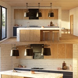 High-res modern kitchen interior 3D render, Blender compatible, showcasing detailed textures, lighting, and furnishings.