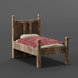 "Medieval wooden bed 3D model for Blender 3D. Perfect for adding a touch of history and authenticity to your scenes. Includes red blanket and accurate features."