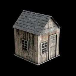 "Ship Shop" - A 2K textured, medium-detailled 3D model of a small wooden building with a slate roof, suitable for thievery equipment or zombie game assets. Created in Blender 3D with highly-detailed textures and featuring graffiti and desolate elements.